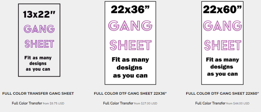 dtf gang sheet builder sizing and pricing options